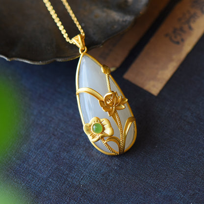 Inlaid White Jade Fashion Retro Gilding Lotus Necklaces