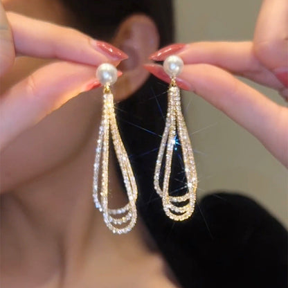 Women's Long Full Rhinestone Tassel Fashion Elegant Earrings