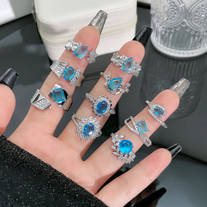Aquamarine Zircon Light Luxury Graceful Personality Open Rings