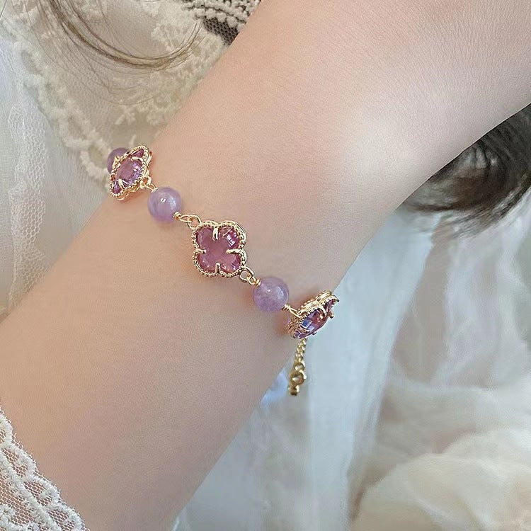 Natural Gray Moonstone Amethyst Four-leaf Clover Light Bracelets