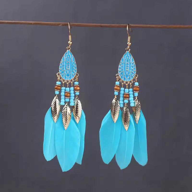 Ethnic Style Long Feather Temperamental Tassels Personality Earrings