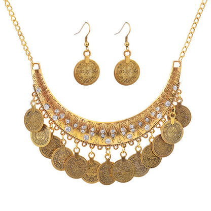 Court Vintage Engraving Rhinestone Coin Tassel Necklaces