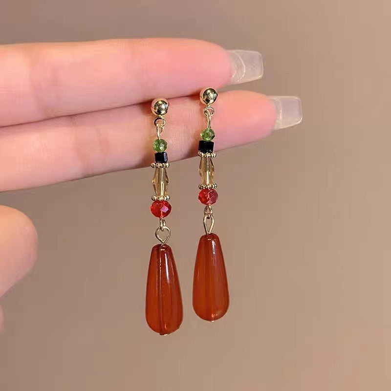 Women's Retro Red Water Drop Long Tassel High-grade Earrings