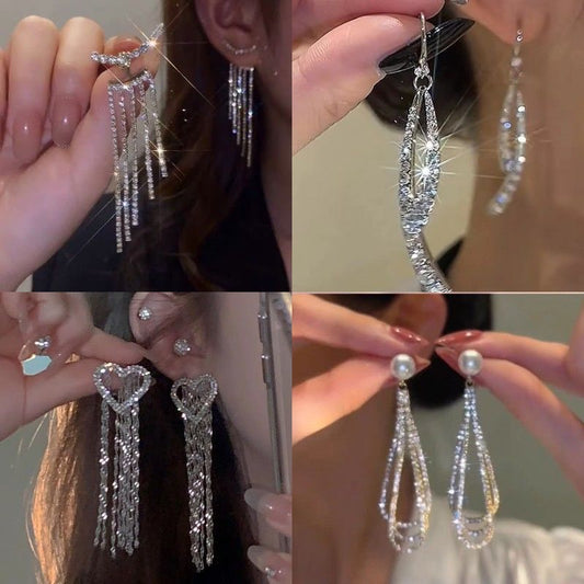 Women's Long Full Rhinestone Tassel Fashion Elegant Earrings