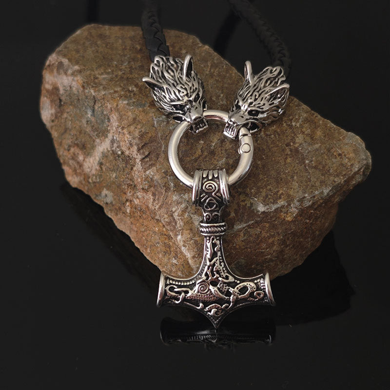 Men's Leather Woven Hammer Celtic Wolf Head Pendants