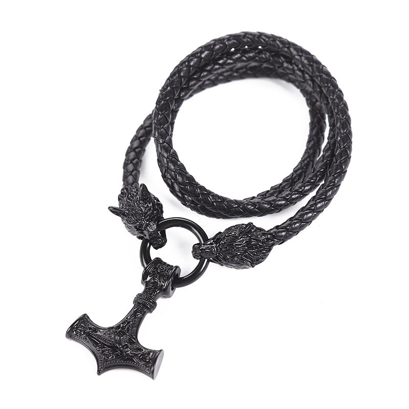 Men's Leather Woven Hammer Celtic Wolf Head Pendants