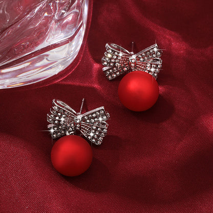 Needle Red Pearl Diamond Niche Design Earrings