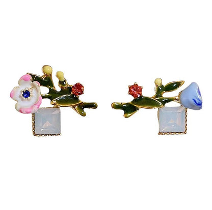 Retro Enamel Glaze Flower Zircon Sier Earrings