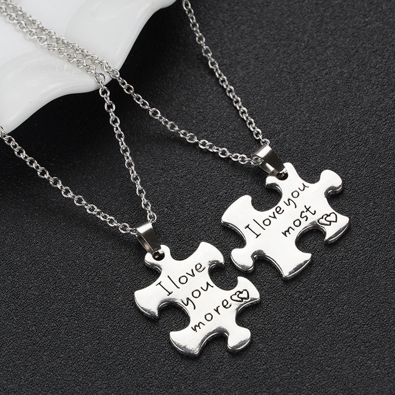 Steel Puzzle Heart One Pair Lovers Necklaces