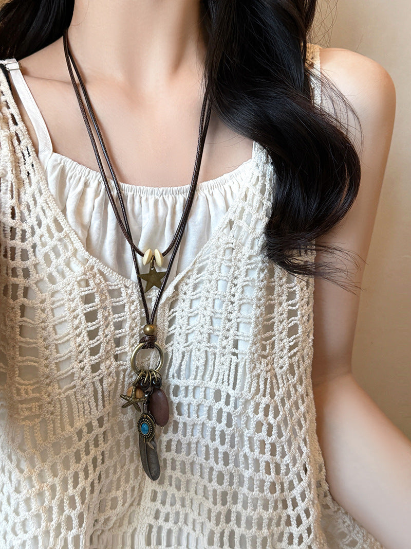 Women's Wooden Bead Ethnic Retro Long Sweater Necklaces