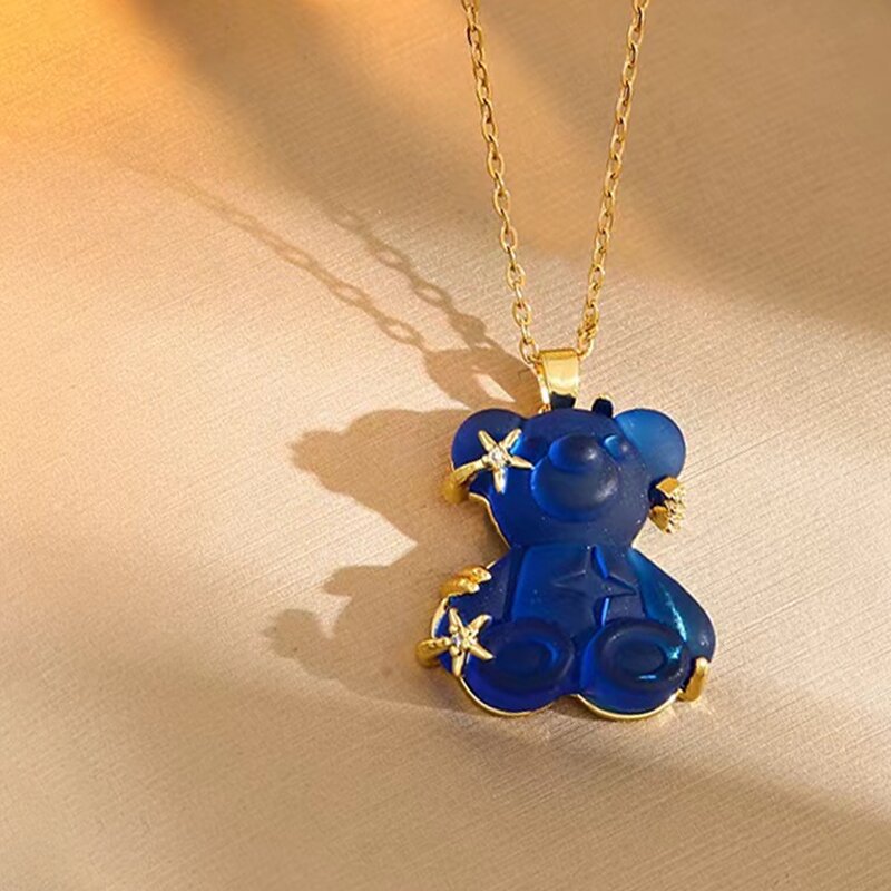 Women's Copper Micro Inlaid Zircon Resin Bear Stainless Steel Light Necklaces