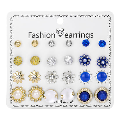 Month Earings Set Rhinestone Geometric Pearl Earrings