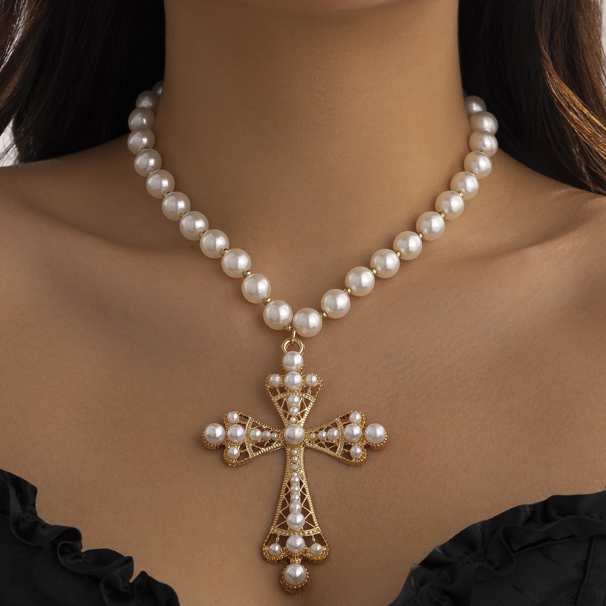 Ornament Fashion Imitation Pearl Cross Collar Geometric Necklaces