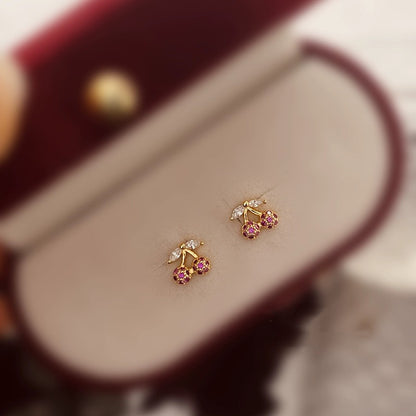 Women's Gold-plated Mini Exquisite Cute Rose Red Cherry Temperament Earrings