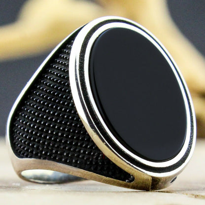 Men's Vintage Natural Black Square Agate Texture Rings