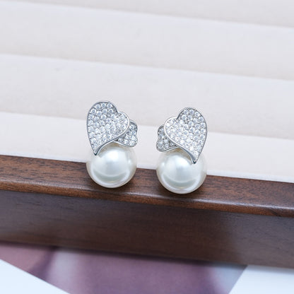 Double Heart Zircon Pearl Light Luxury Earrings