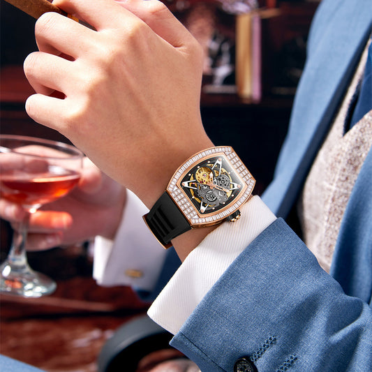 Men's Fashion Square Diamond Live Broadcast Hollow Automatic Mechanical Watches