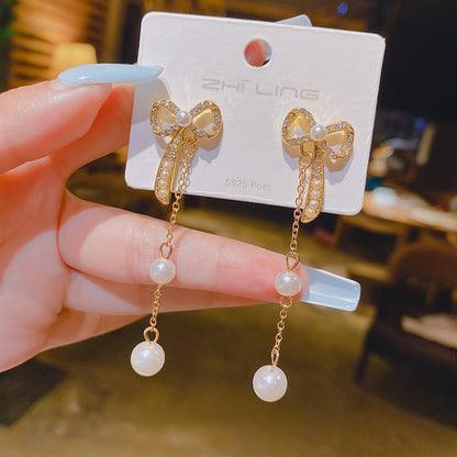 Women's Sier Needle Geometric Pearl Fashion Tassel Earrings