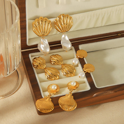 Women's Fashion Shell Pearl Gold Summer Stainless Earrings