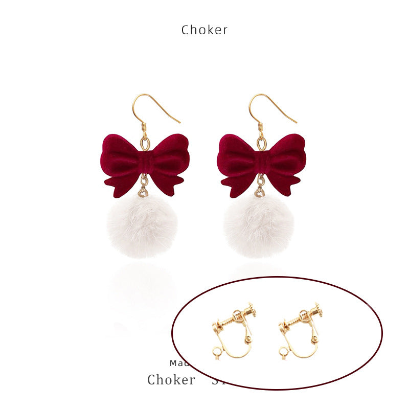 Fur Ball Female Wine-red Plush Sweet Earrings