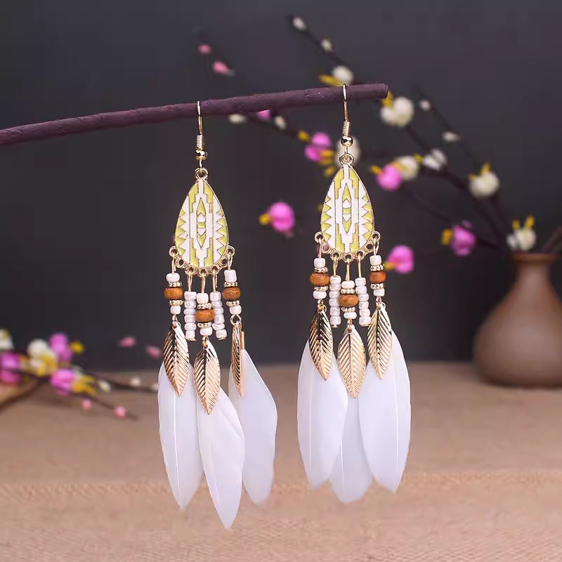 Ethnic Style Long Feather Temperamental Tassels Personality Earrings