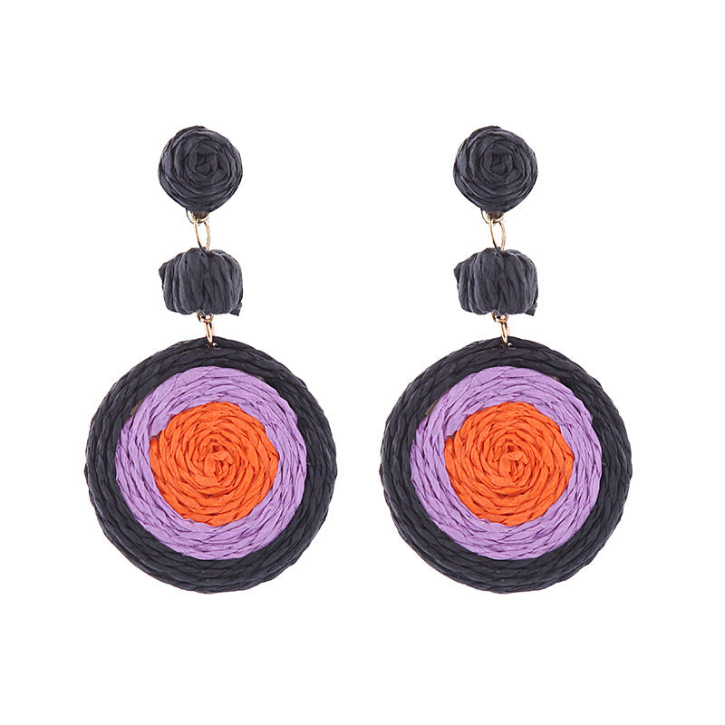 Bohemian Raffia Round Summer Beach Vacation Earrings