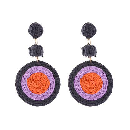 Bohemian Raffia Round Summer Beach Vacation Earrings