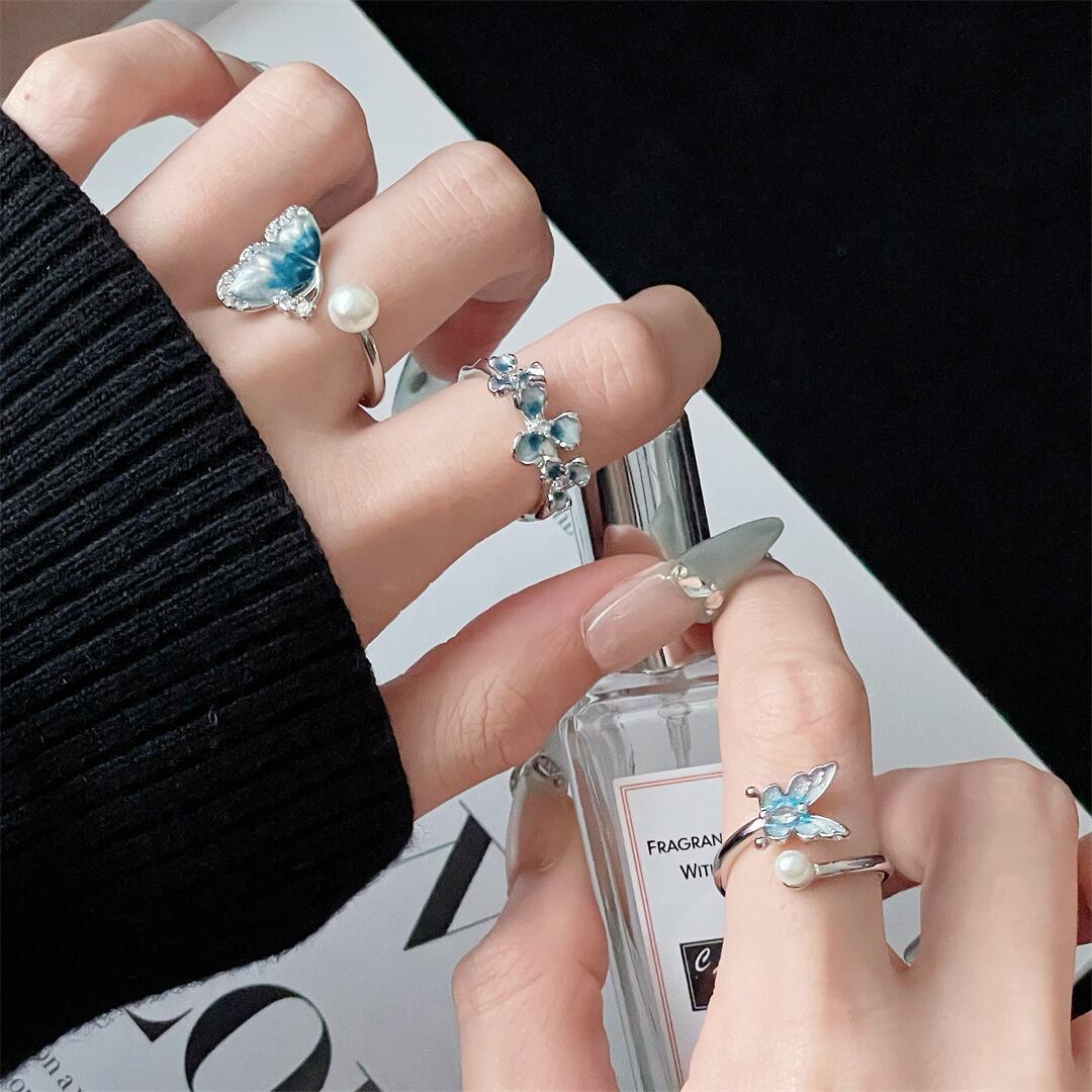 Women's Fresh Butterfly Exquisite Open Enamel Ice Rings
