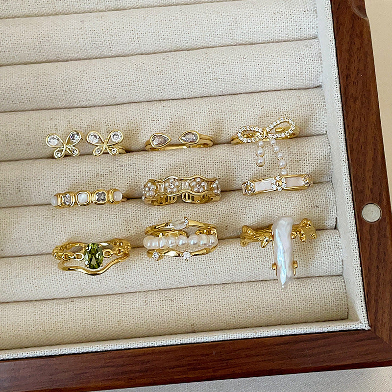 Luxury Pearl Zircon Golden Open-end Collection Female Rings