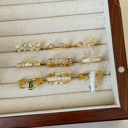 Luxury Pearl Zircon Golden Open-end Collection Female Rings