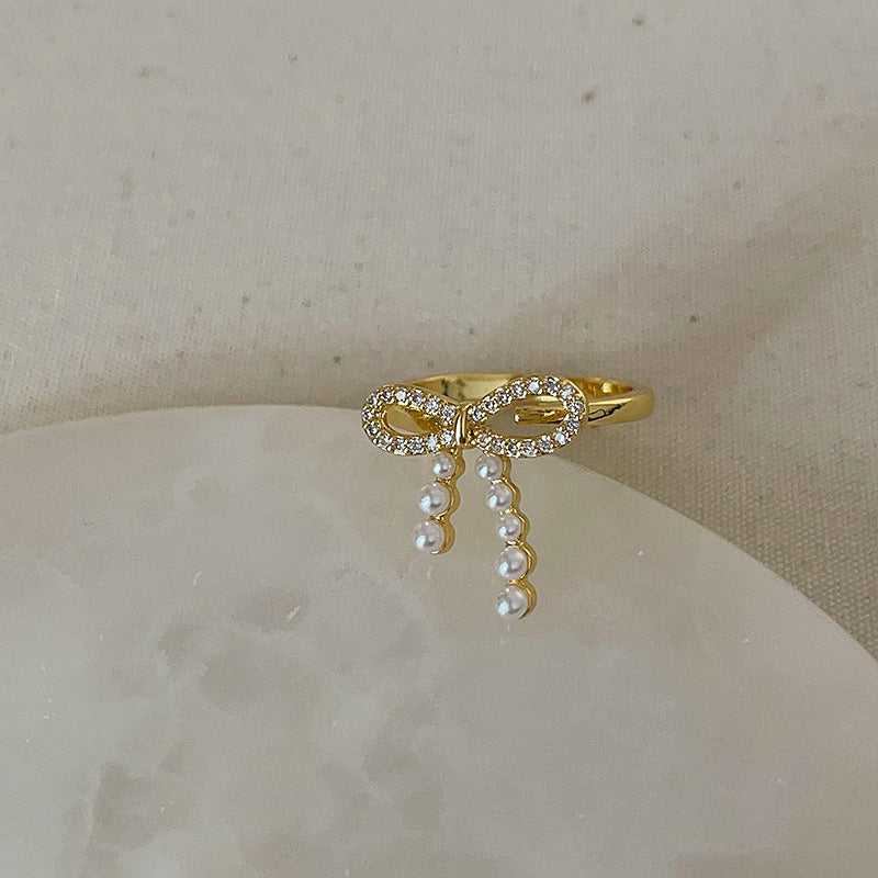 Luxury Pearl Zircon Golden Open-end Collection Female Rings