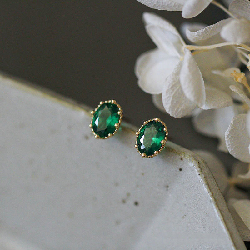 Women's Sier Gold-plated Emerald Stone Inlaid Ear Oval Earrings