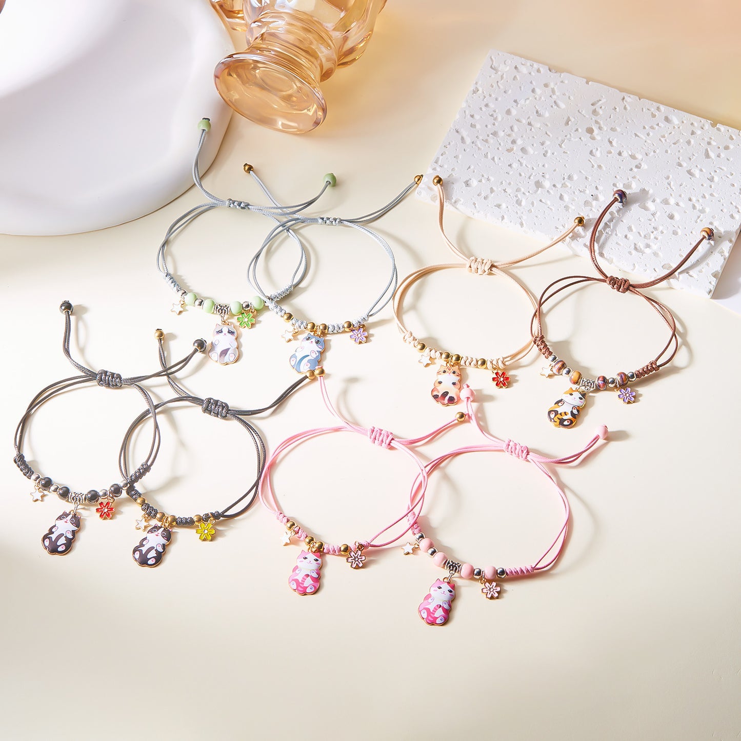 Cat Flower Ceramic Beads Woven Golden Bracelets