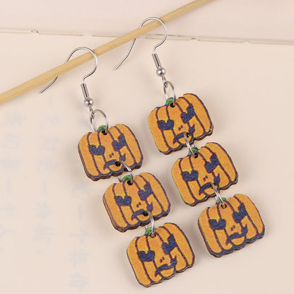 Halloween Three-piece Pumpkin Maple Leaf Wooden Earrings