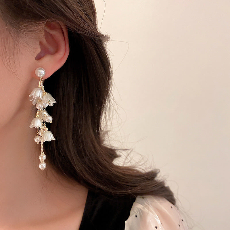 Style Imitation Pearl Lily Long Fringe Gentle Earrings