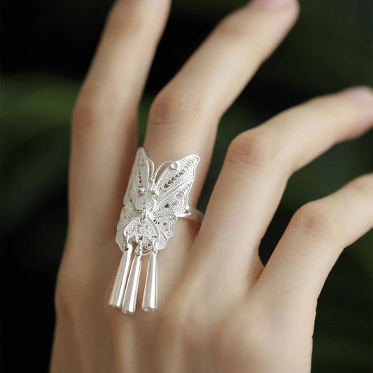 Hollow Butterfly Female Personality Tassel Temperamental Elegant Sier Rings