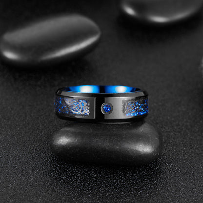 Men's Blue Carbon Fiber Diamond Dragon Titanium Rings