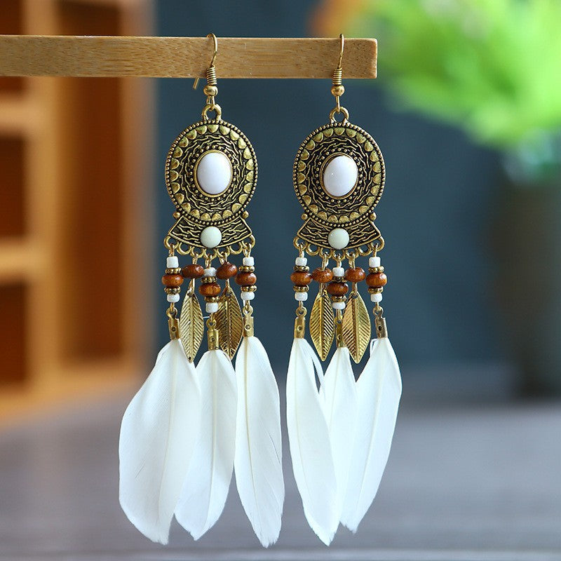 Ethnic Style Long Feather Temperamental Tassels Personality Earrings