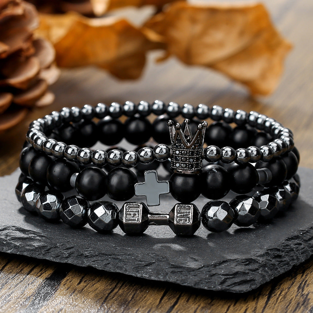 Men's Beaded Suit Haematite Cross Dumbbell Zircon Bracelets