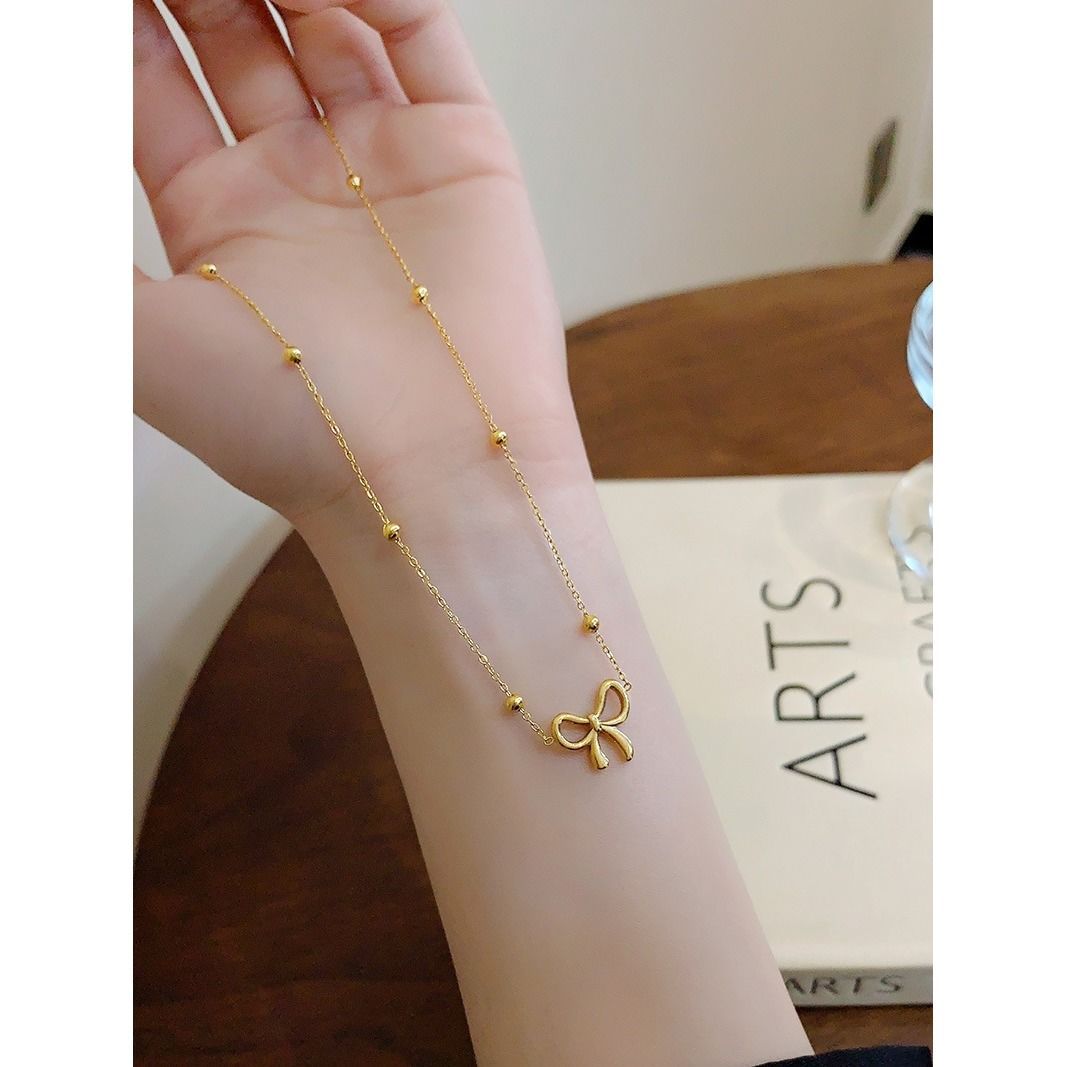 Women's Titanium Steel Design Cute Hollow Bow For Necklaces