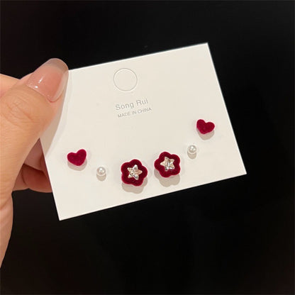 Red Flocking Bow Love Heart Suit Earrings