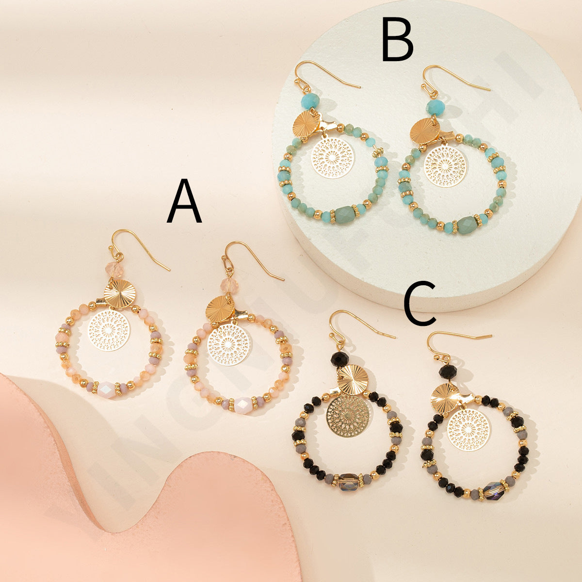 Mixed Color Round Card Hollow Fashion Earrings