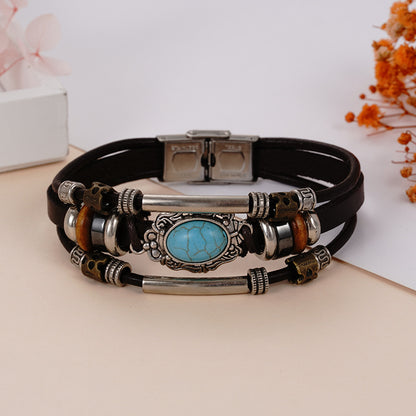 Men's Turquoise Stainless Steel Leather Hand-woven Cowhide Bracelets