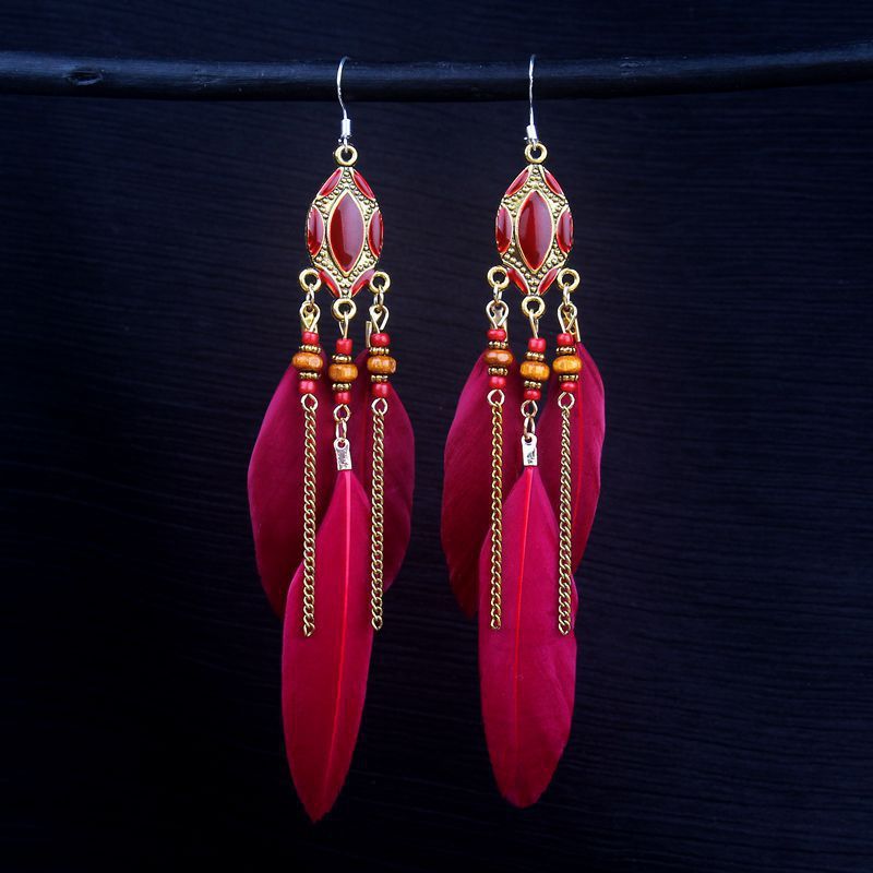 Ethnic Style Long Feather Temperamental Tassels Personality Earrings