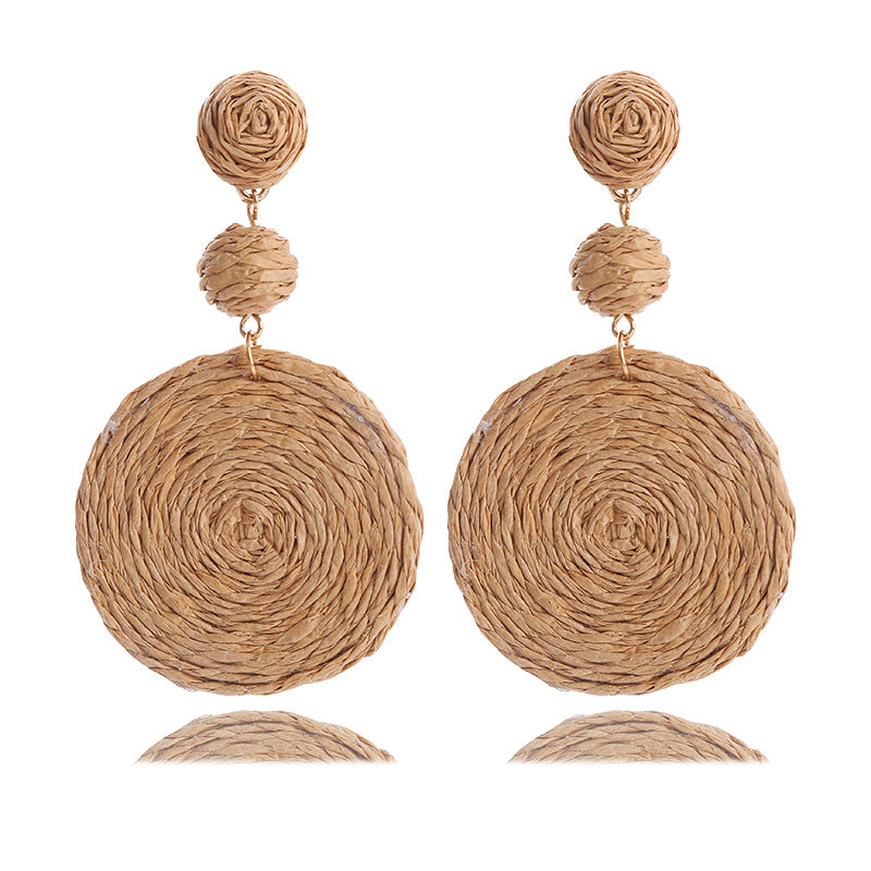 Bohemian Raffia Round Summer Beach Vacation Earrings