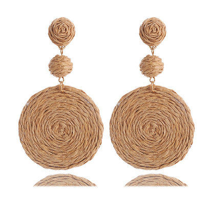 Bohemian Raffia Round Summer Beach Vacation Earrings