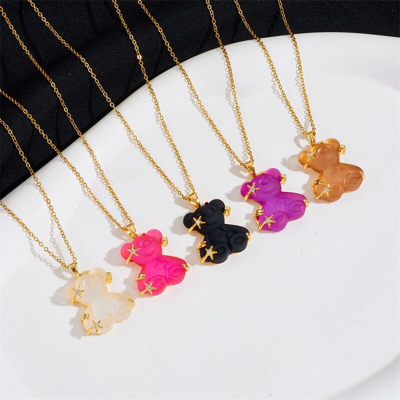 Women's Copper Micro Inlaid Zircon Resin Bear Stainless Steel Light Necklaces