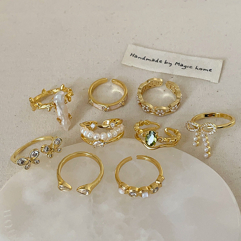 Luxury Pearl Zircon Golden Open-end Collection Female Rings