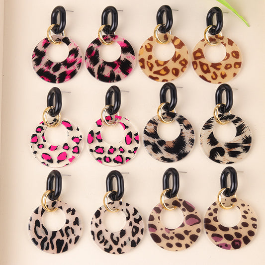 Women's Hollow Color Round Acrylic Personality Leopard Earrings