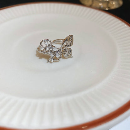 Electroplated Freshwater Pearl Zircon Stitching Butterfly Exquisite Rings